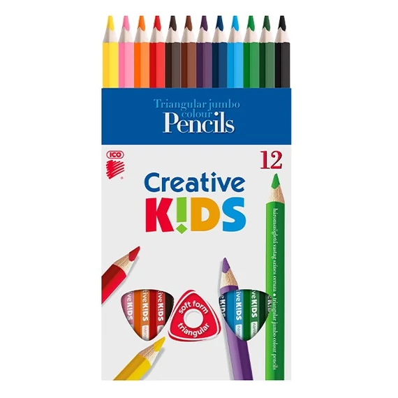 Színes ceruza ICO Creative Kids háromszögletű vastag festett 12db/készlet