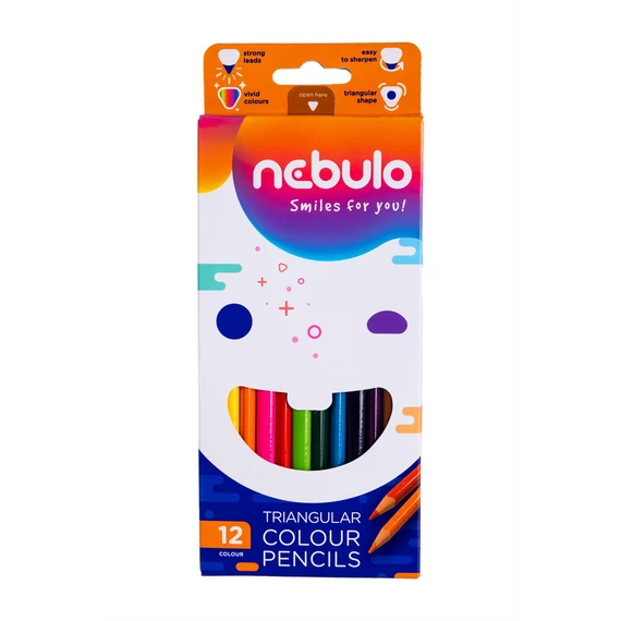 Színes ceruza készlet, háromszögletű, NEBULO, 12 különböző szín