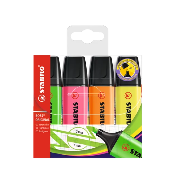 Szövegkiemelő készlet, 2-5 mm, STABILO "BOSS original", 4 különböző szín