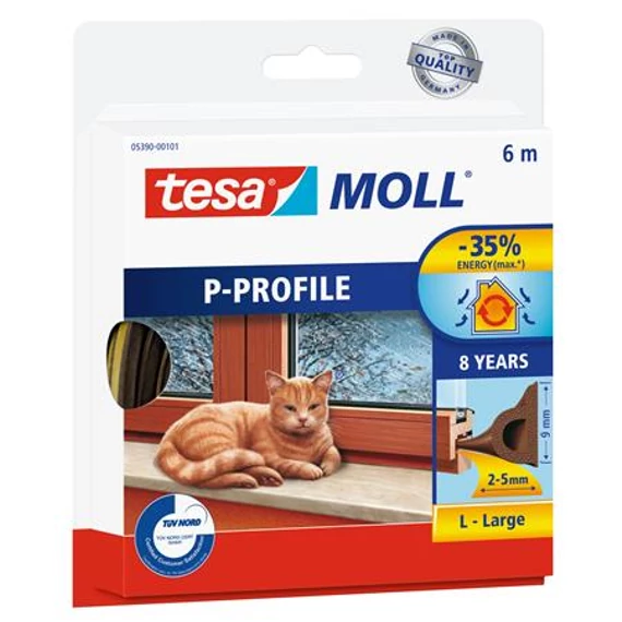 Ajtó- és ablaktömítő szalag, 9 mm x 6 m, TESA "tesamoll® P profil", barna