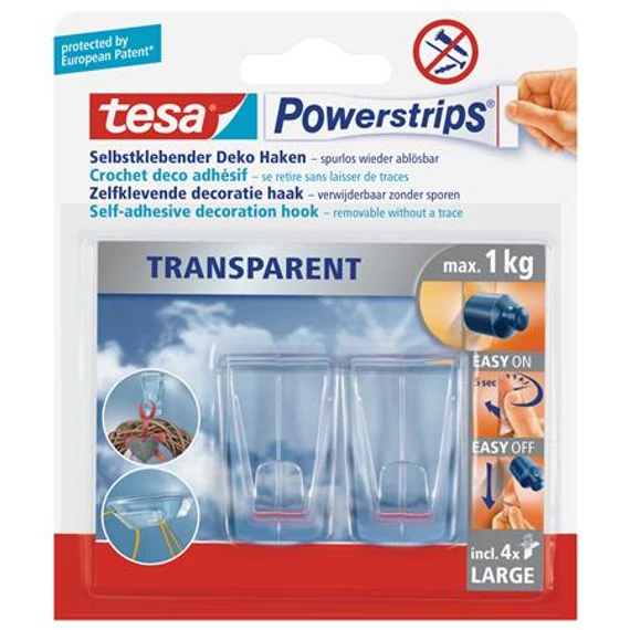 Műanyag akasztó ragasztócsíkkal, TESA "Powerstrips®", átlátszó, 2db/cs