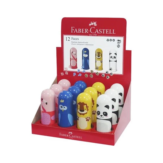Hegyező, egylyukú, tartályos, radírral, display, FABER-CASTELL "Faces", vegyes minták, 12db/disp