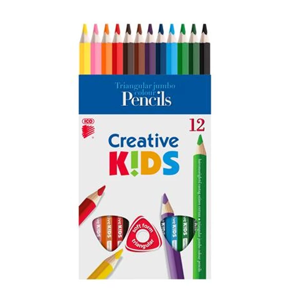 Színes ceruza ICO Creative Kids háromszögletű vastag festett 12db/készlet