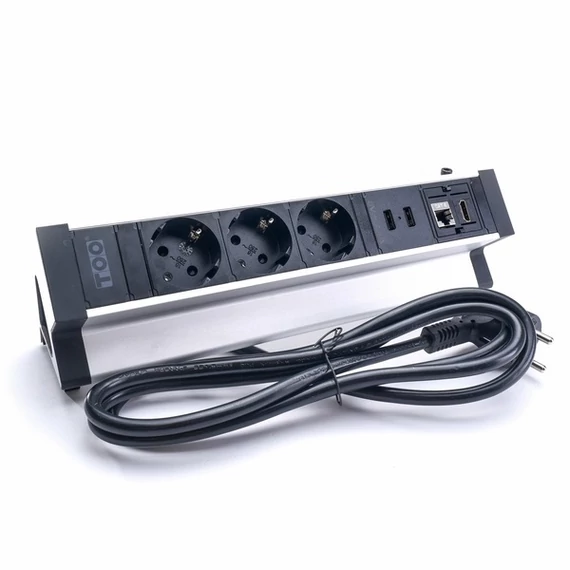 TOO DPS-113-3S IP20,3x 2P+F,2x USB-A,RJ45,HDMI,színes csomagolás,ezüst asztalra rögzíthető elosztó