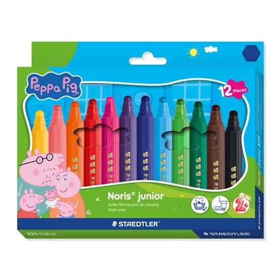 Filctoll készlet, 2,5 mm, kimosható, jumbo, STAEDTLER „Noris® junior 329”, Peppa malac, 12 szín