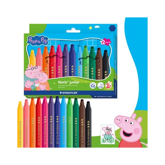 Filctoll készlet, 2,5 mm, kimosható, jumbo, STAEDTLER „Noris® junior 329”, Peppa malac, 12 szín