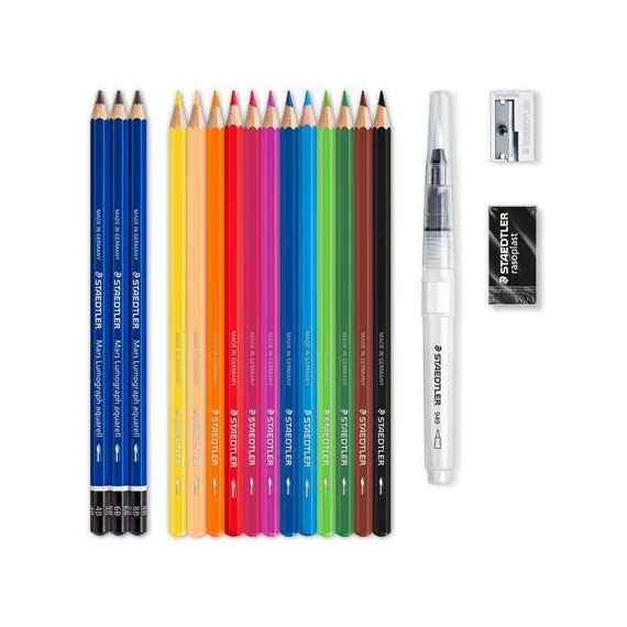 Akvarell ceruza készlet, ecsettel, radírral, hegyezővel, grafitceruzával, STAEDTLER 
