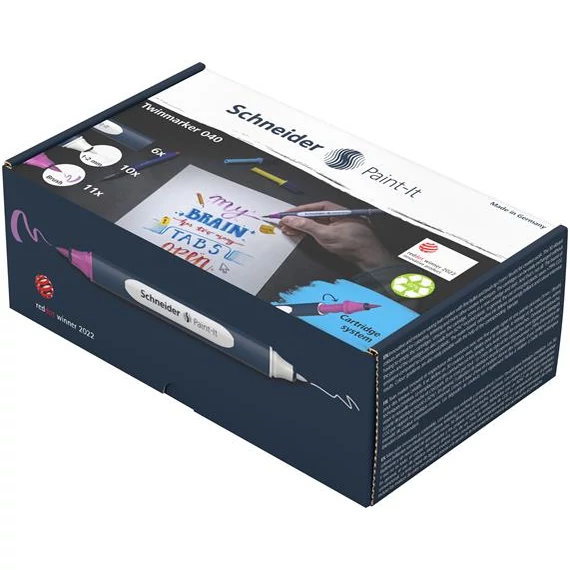 Kétvégű marker készlet, 27 darabos, SCHNEIDER „Paint-It 040 Twin marker Set 2”, 10 különböző szín