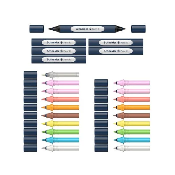 Kétvégű marker készlet, 27 darabos, SCHNEIDER „Paint-It 040 Twin marker Set 2”, 10 különböző szín