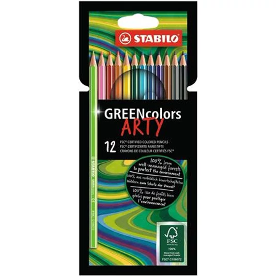 Színes ceruza készlet, hatszögletű, STABILO "GreenColors ARTY", 12 különböző szín