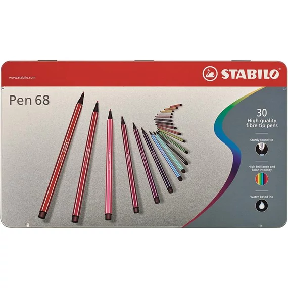 Rostirón készlet, 1 mm, fém doboz, STABILO "Pen 68", 30 különböző szín