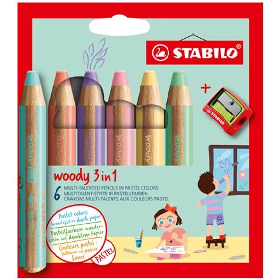 Színes ceruza készlet, kerek, vastag, STABILO "Woody 3 in 1 Pastel", 6 különböző pasztell szín