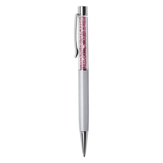 Golyóstoll, krémfehér, felül rózsaszín SWAROVSKI® kristállyal töltve, 14 cm, ART CRYSTELLA®