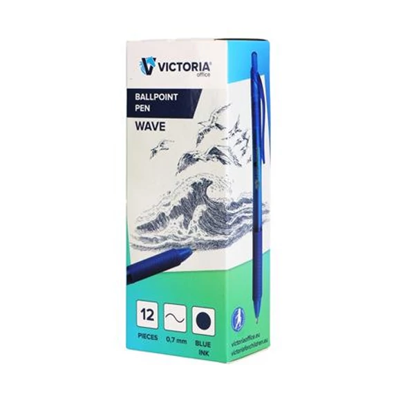 Golyóstoll, 0,5 mm, nyomógombos, VICTORIA OFFICE, „Wave”, kék, 12db/csomag