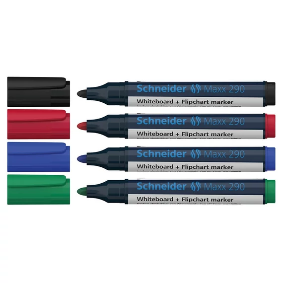 Tábla- és flipchart marker készlet, 2-3 mm, kúpos, SCHNEIDER "Maxx 290", 4 különböző szín
