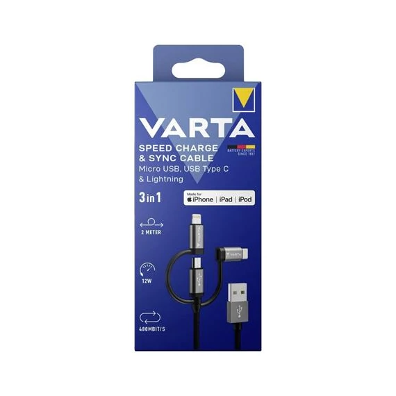 USB kábel, 3-az-1-ben USB A–Light/Micro/C, 2m, VARTA