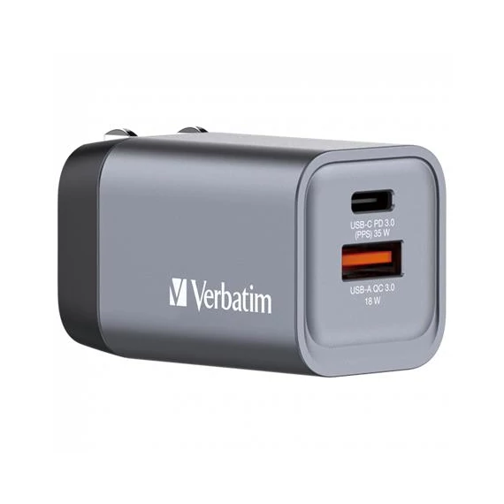 Hálózati töltő, 1xUSB-C PD (35W), USB-A QC 3.0, EU/UK/US, GaN, VERBATIM