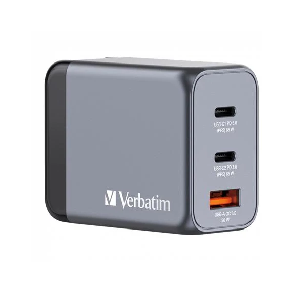 Hálózati töltő, 2xUSB-C PD (65W), USB-A QC 3.0, EU/UK/US, GaN, VERBATIM