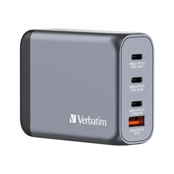 Hálózati töltő, 2xUSB-C PD (100W), USB-C PD (65W), USB-A QC 3.0, EU/UK/US, GaN, VERBATIM