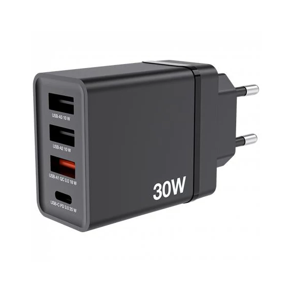 Hálózati töltő, 1xUSB-C PD (20W), USB-A QC 3.0, 2xUSB-A (10W), VERBATIM, fekete