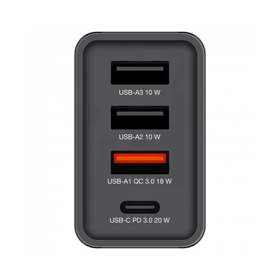 Hálózati töltő, 1xUSB-C PD (20W), USB-A QC 3.0, 2xUSB-A (10W), VERBATIM, fekete