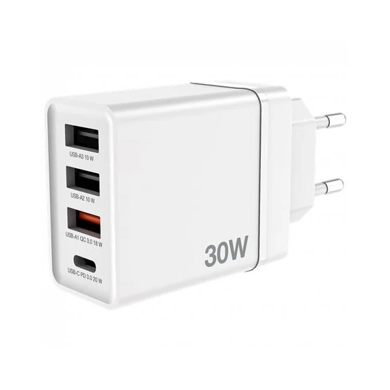 Hálózati töltő, 1xUSB-C PD (20W), USB-A QC 3.0, 2xUSB-A (10W), VERBATIM, fehér