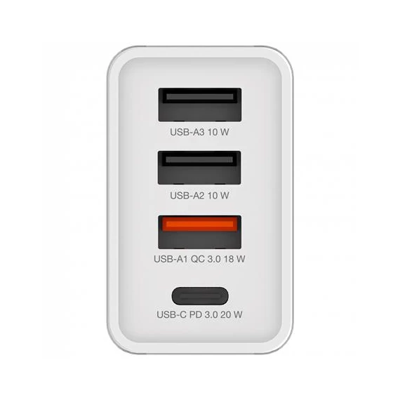 Hálózati töltő, 1xUSB-C PD (20W), USB-A QC 3.0, 2xUSB-A (10W), VERBATIM, fehér