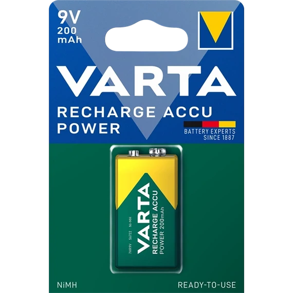 Tölthető elem, 9V, 1x200 mAh, előtöltött, VARTA 