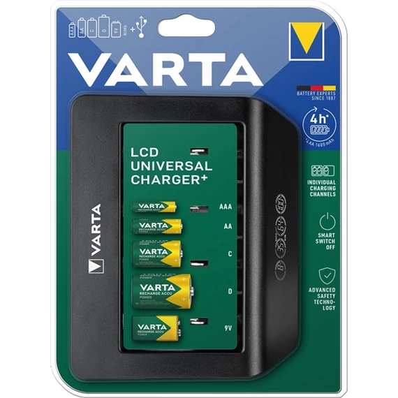 Elemtöltő, univerzális AA/AAA/C/D/9V, LCD kijelző, VARTA 