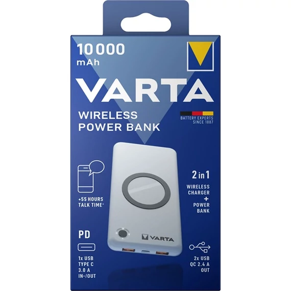 Vezeték nélküli PD/QC töltő, max. 18W, hordozható akkumulátor 10000mAh, VARTA