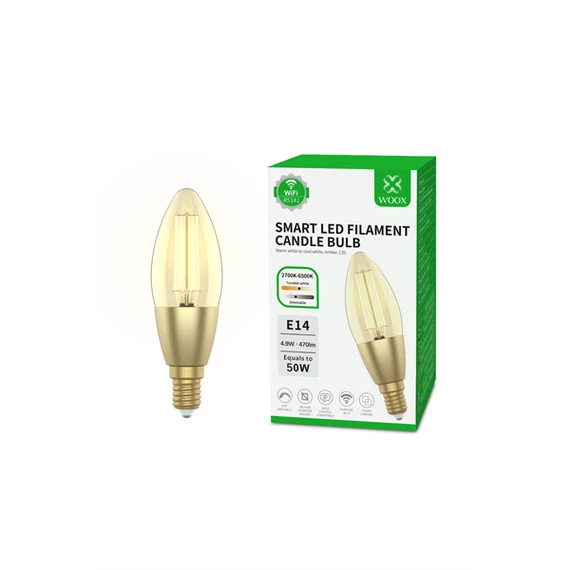 Woox Smart Home Filament candle design LED Izzó - R5141 (E14, 4,9W, 470 Lumen, warmw2700K/coldw6500k, Wi-Fi, 15000h)