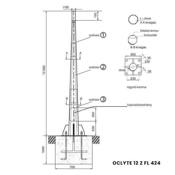 OCLYTE 3 ZFL 412  galvanizált lámpatartó oszlop 3m