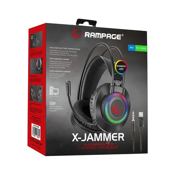 Rampage Fejhallgató - RM-K27 X-JAMMER (mikrofon, 3,5 mm Jack, hangerőszabályzó, nagy-párnás, fekete, RGB LED)