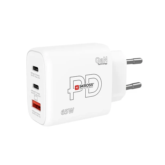Hálózati töltő, 1xUSB-A, 2xUSB-C, PD, 65W, GaN, SKROSS