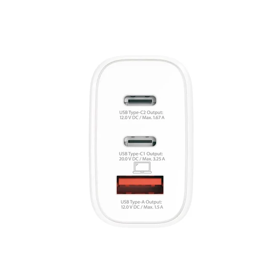 Hálózati töltő, 1xUSB-A, 2xUSB-C, PD, 65W, GaN, SKROSS