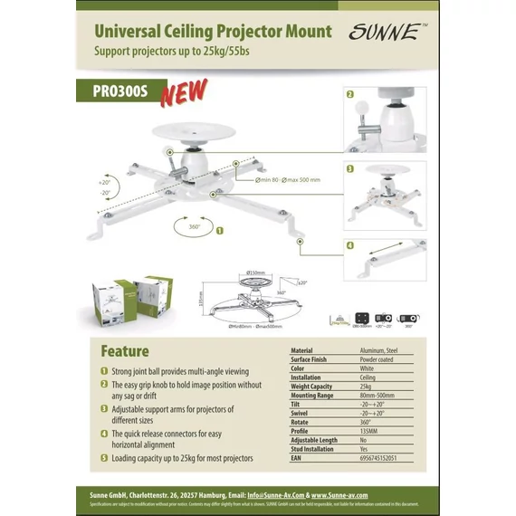 SUNNE (PRO300S) Projektor mennyezeti konzol dönthető, Profil: 135mm, max 25kg (fehér)