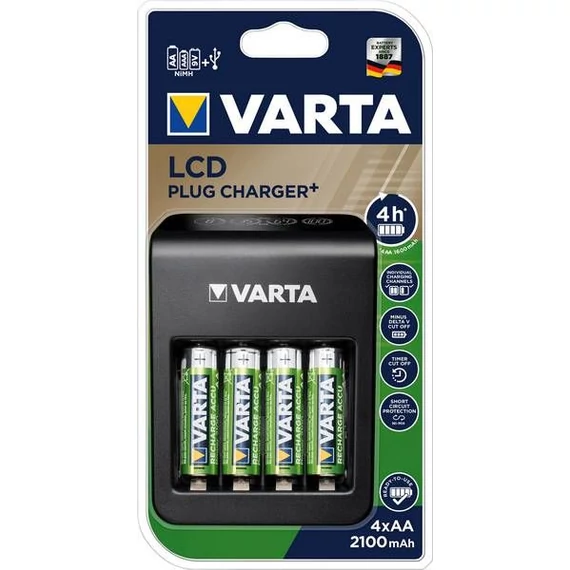 Elemtöltő, AA/AAA/9V, 4xAA 2100 mAh, LCD kijelző, VARTA 