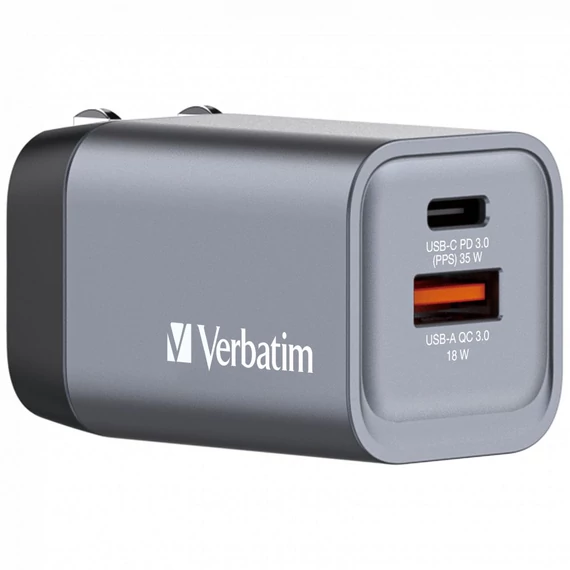 Hálózati töltő, 1xUSB-C PD (35W), USB-A QC 3.0, EU/UK/US, GaN, VERBATIM