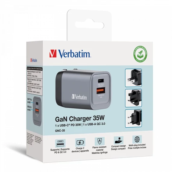 Hálózati töltő, 1xUSB-C PD (35W), USB-A QC 3.0, EU/UK/US, GaN, VERBATIM
