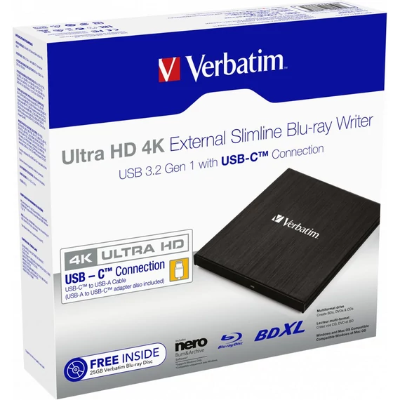 Blu-ray író, (külső meghajtó), 4K Ultra HD, USB 3.1 GEN 1 USB-C, VERBATIM 